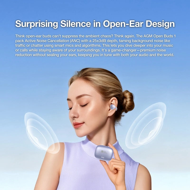 AGM Open Buds 1 | Open-Ear Design | 25+3dB ANC | 6H Playtime | IPX4 Water Resistance