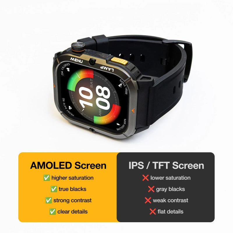 AGM Legion 3 | Smart Watch | AMOLED Display | 500mAh Battery| Bluetooth Call | Heart Rate Monitor | 5ATM Waterproof | LED Flashlight | Square Rugged Sport Watch